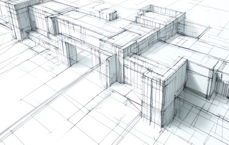 Architectural linework showing a three-dimensional building study